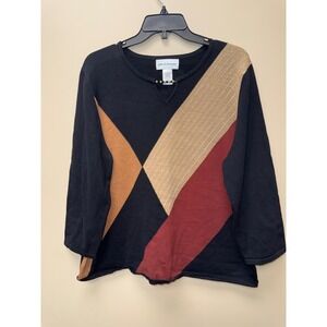 Alfred Dunner XL Black Colorblock Beaded Split Neck 3/4 Sleeve Knit Sweater Top